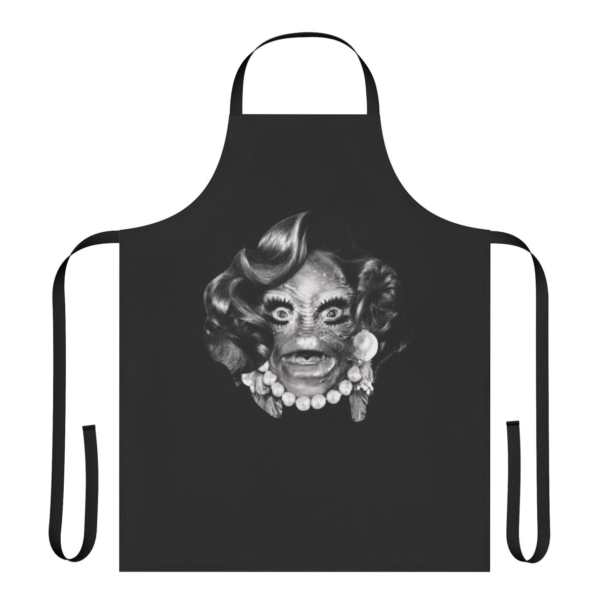 Spooky vintage-inspired apron featuring classic horror monsters like Dracula, Wolfman, and Zombie