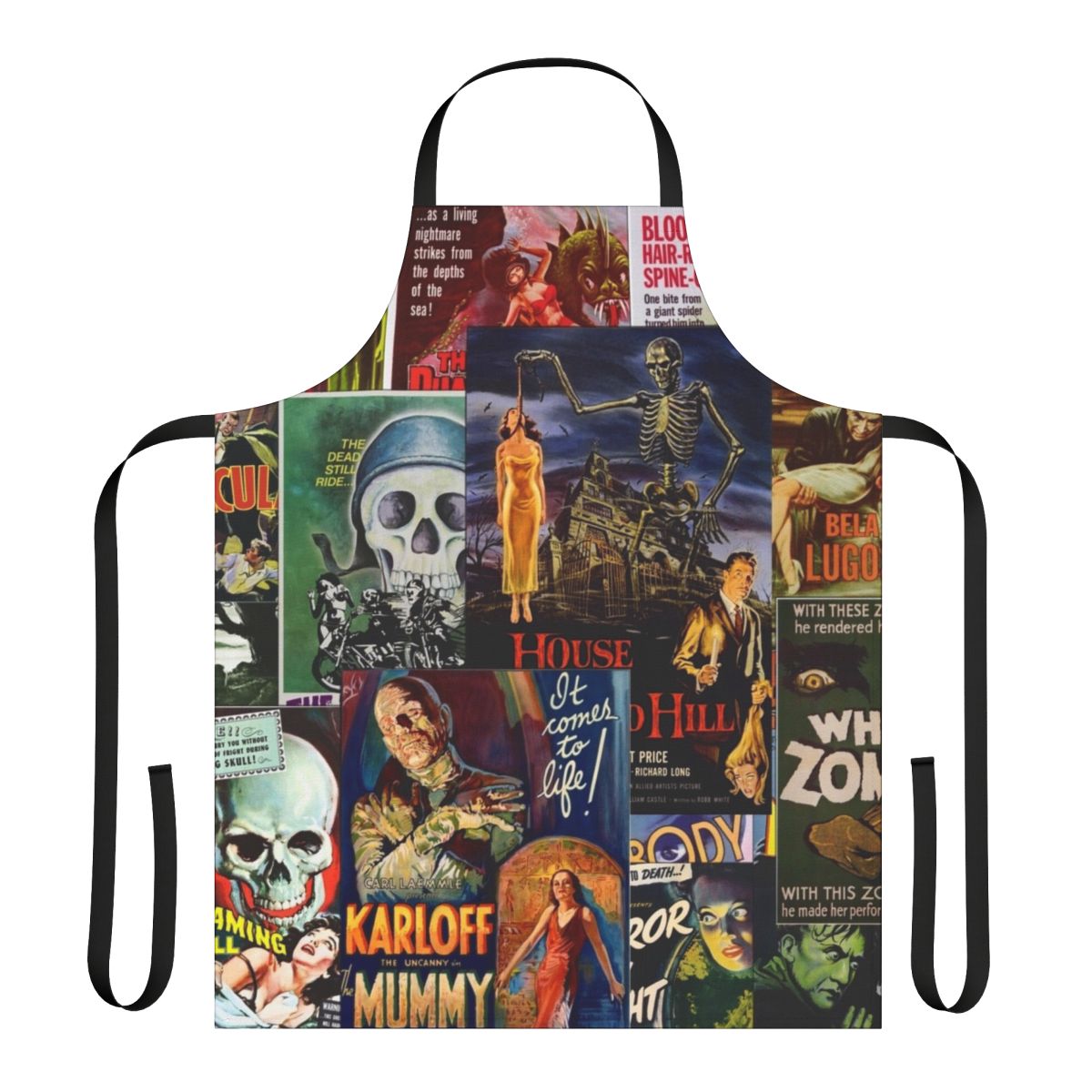 Retro-style apron featuring classic monster movie icons like Boris Karloff, Vincent Price, and Bela Lugosi