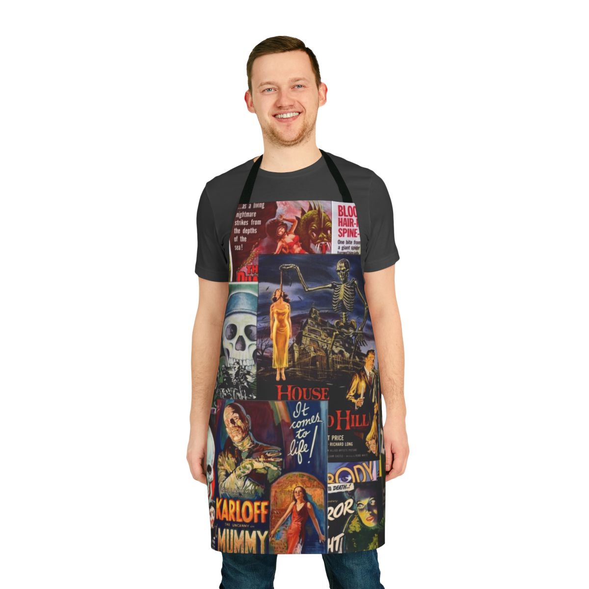 Retro-style apron featuring classic monster movie icons like Boris Karloff, Vincent Price, and Bela Lugosi
