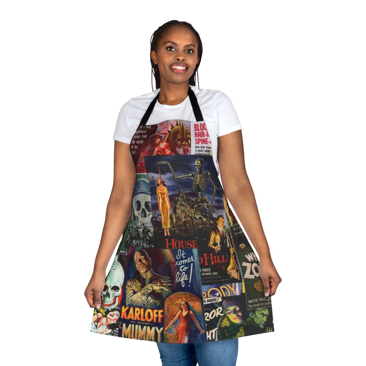 Retro-style apron featuring classic monster movie icons like Boris Karloff, Vincent Price, and Bela Lugosi