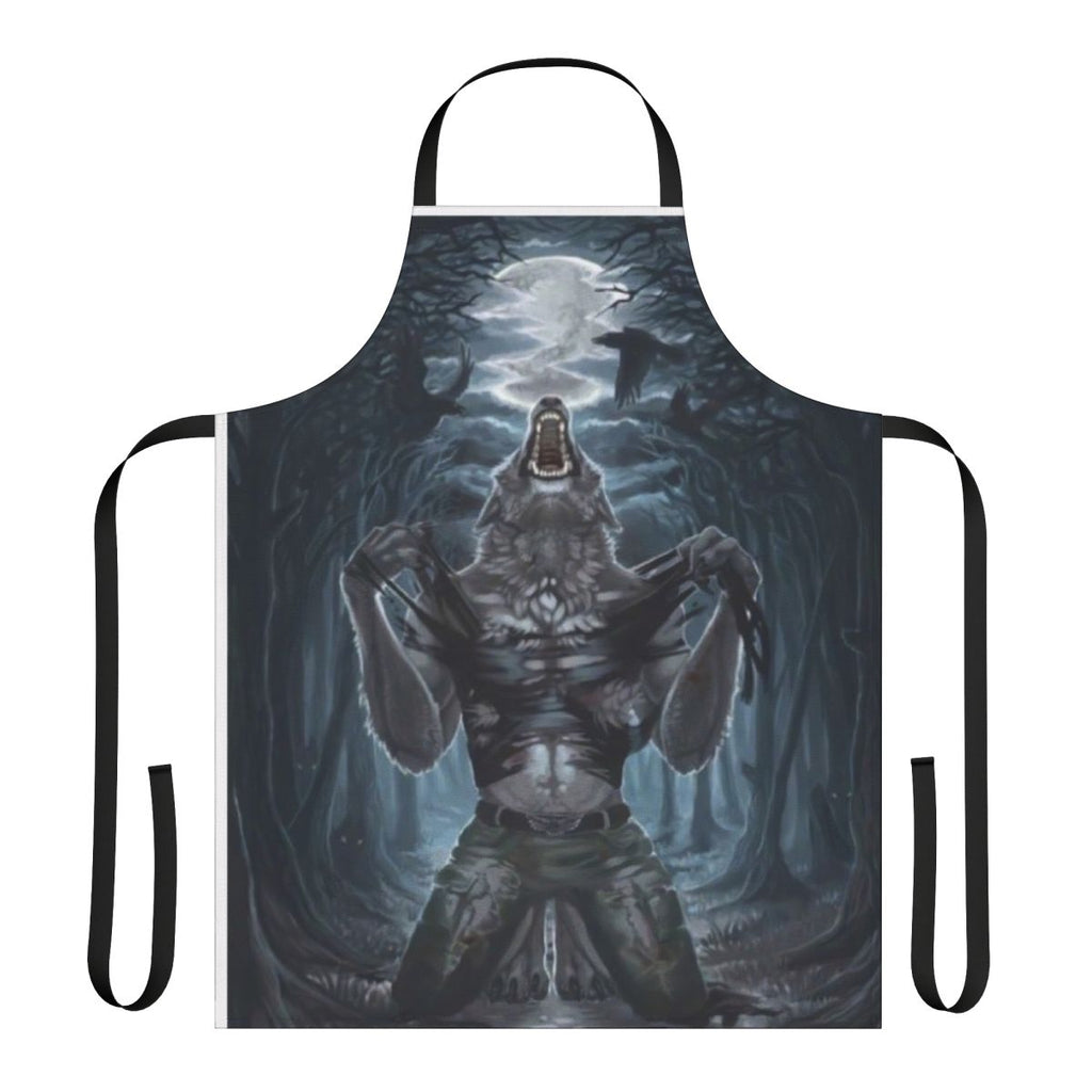 A black and white apron featuring a menacing werewolf ripping through the fabric.