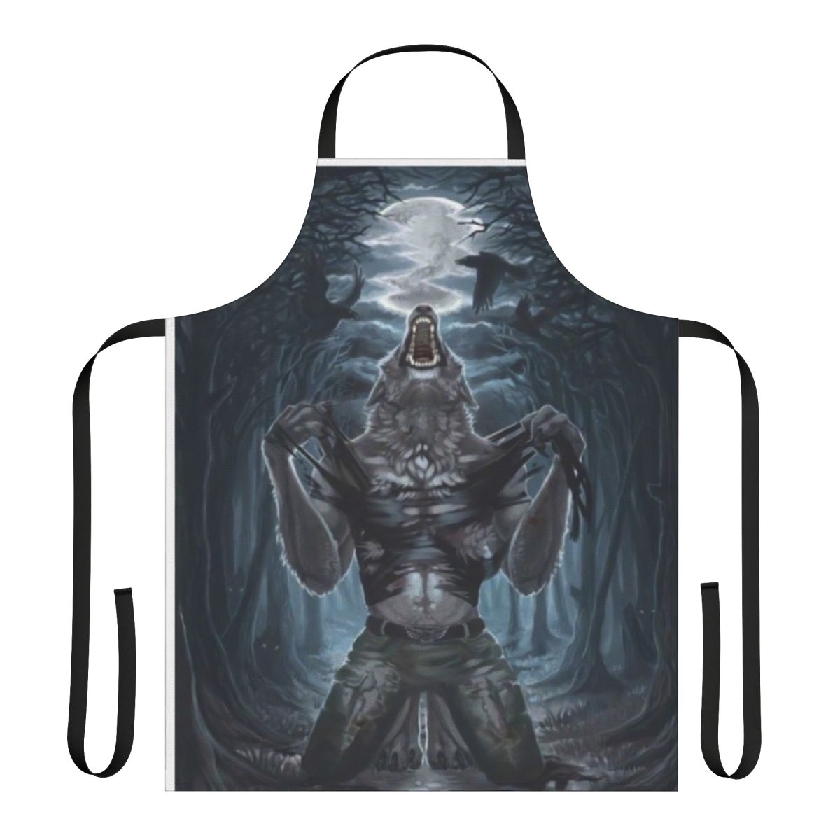 A black and white apron featuring a menacing werewolf ripping through the fabric.