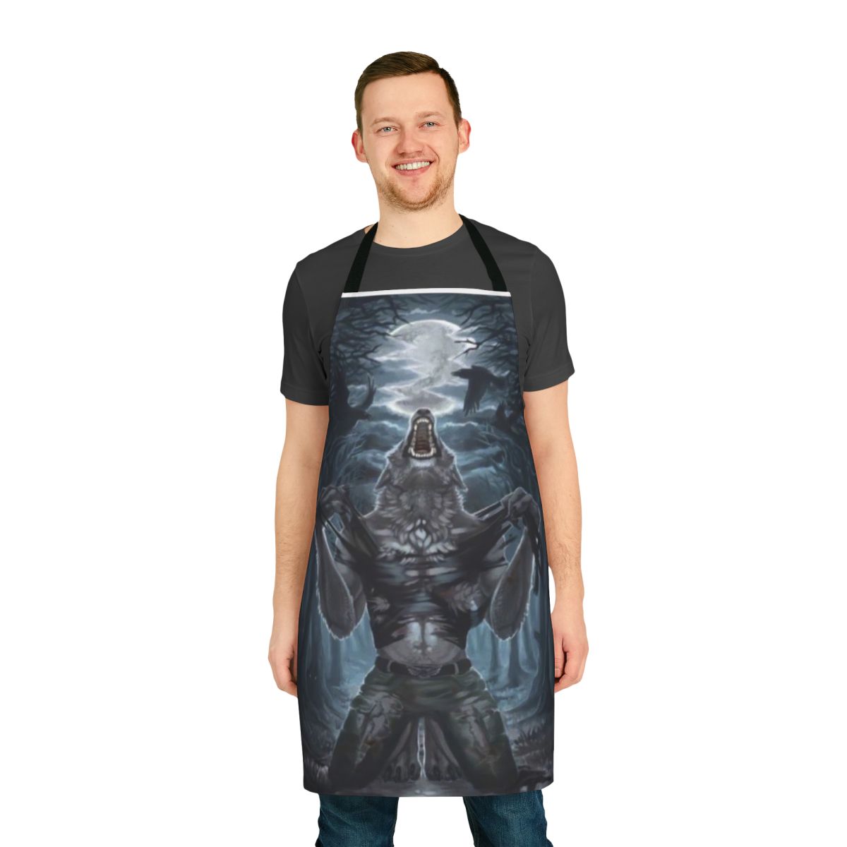 A black and white apron featuring a menacing werewolf ripping through the fabric.