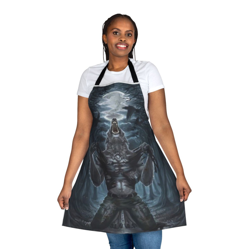 A black and white apron featuring a menacing werewolf ripping through the fabric.