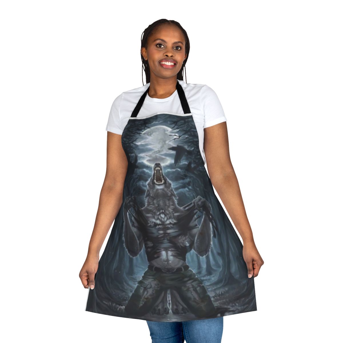 A black and white apron featuring a menacing werewolf ripping through the fabric.