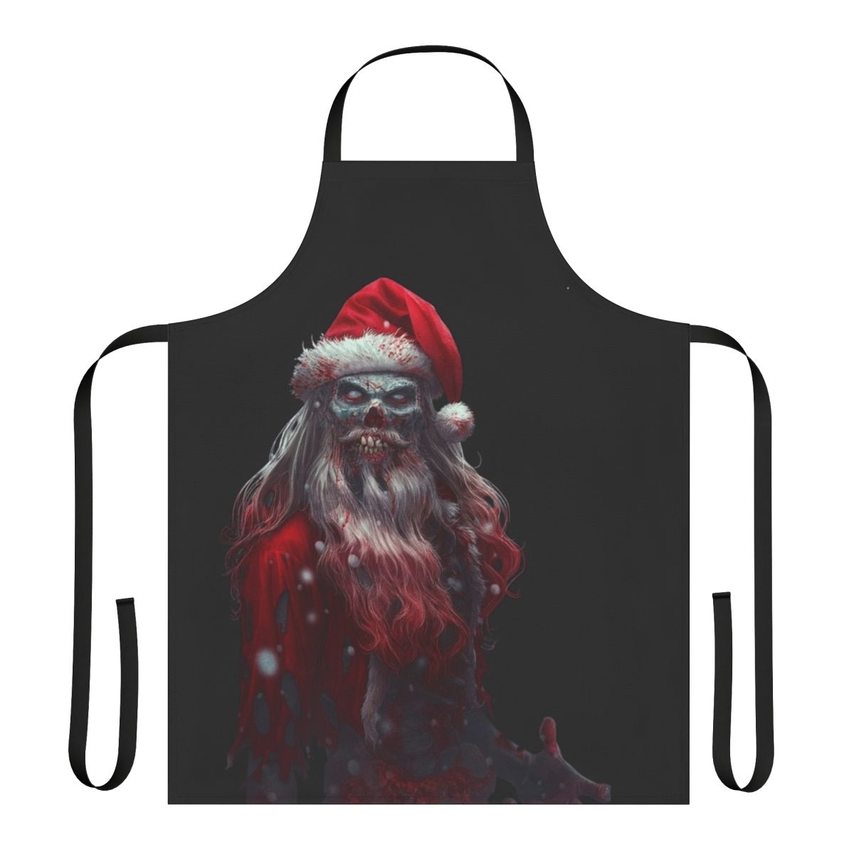 Zombie Santa Claws apron with holiday patterns and a scary, undead Santa Claus design
