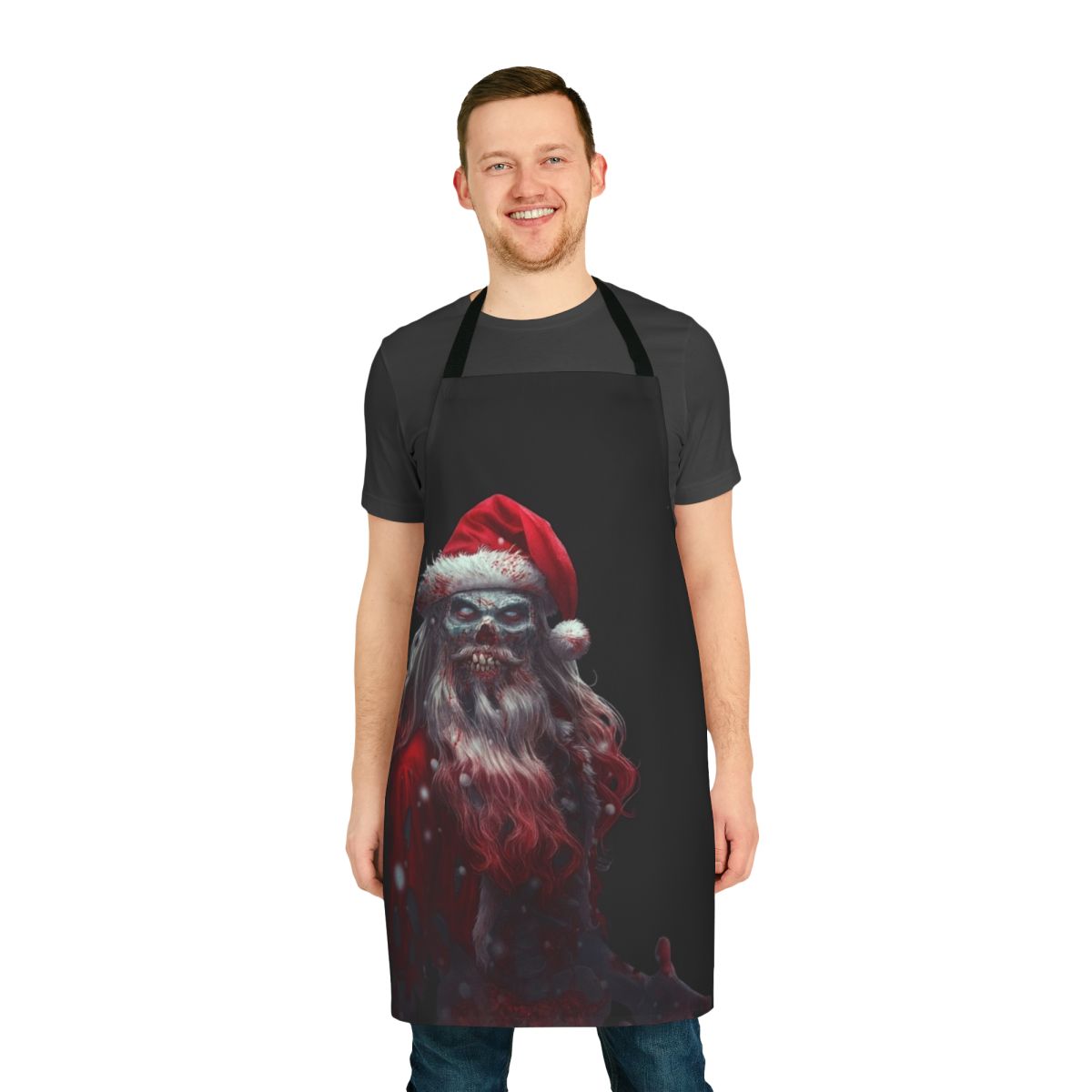 Zombie Santa Claws apron with holiday patterns and a scary, undead Santa Claus design