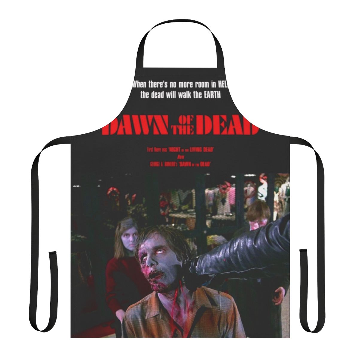 Zombie-themed apron with horror movie references