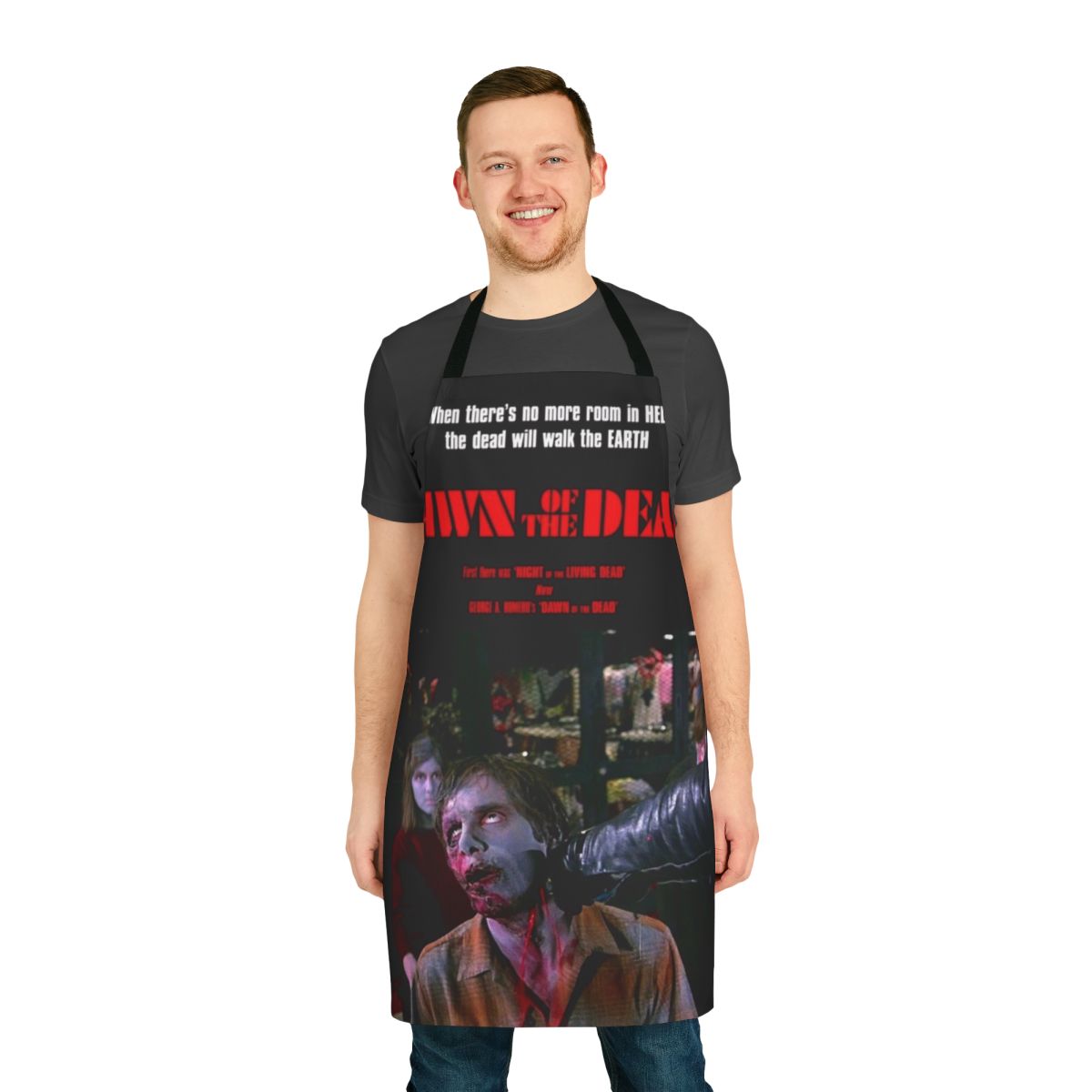 Zombie-themed apron with horror movie references