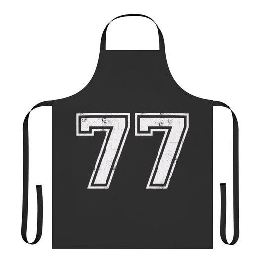 Apron with sports jersey inspired design featuring the number 77