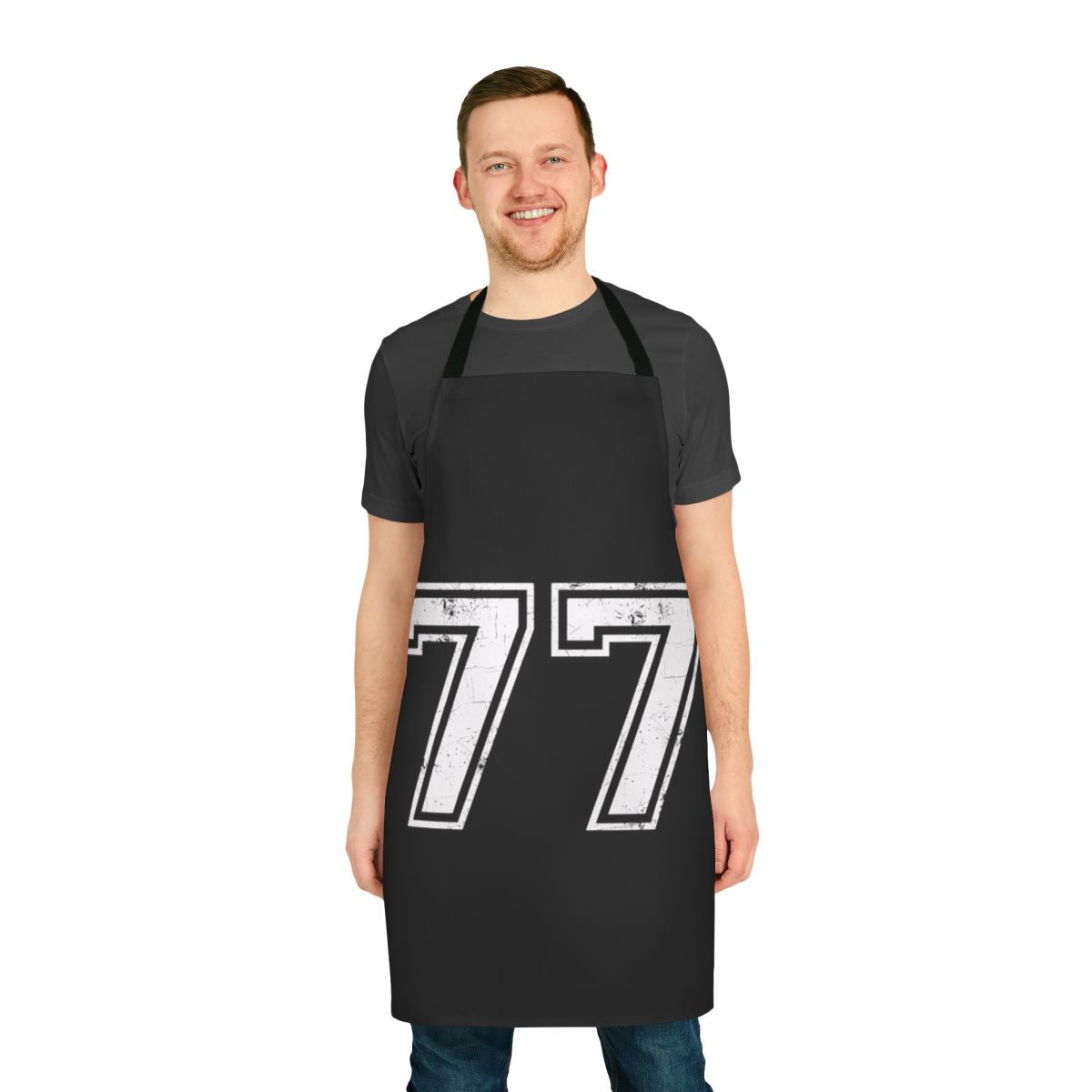 Apron with sports jersey inspired design featuring the number 77
