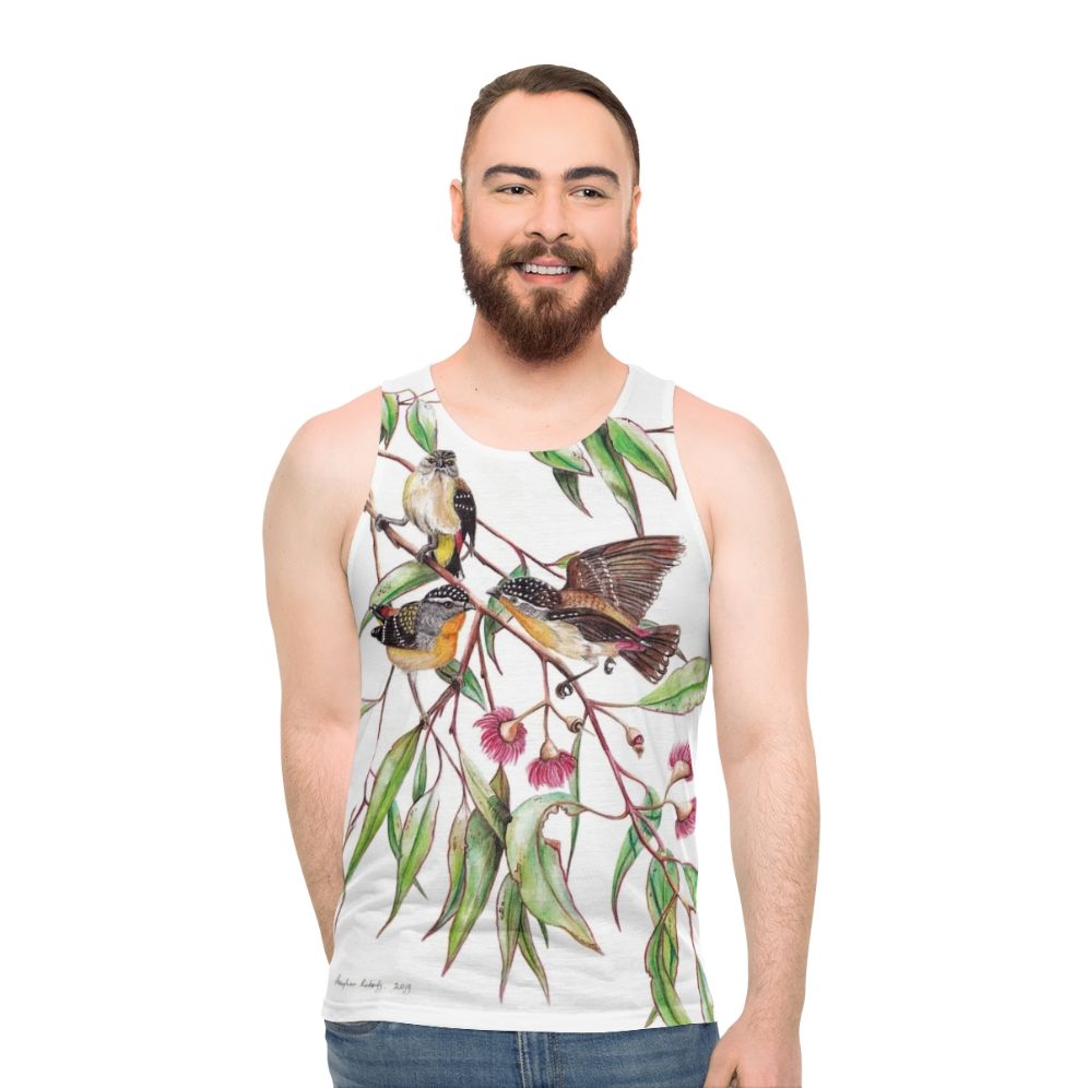 Spotted pardalotes on pink flowering gum unisex tank top