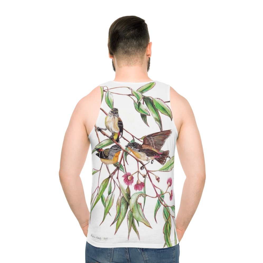 Spotted pardalotes on pink flowering gum unisex tank top
