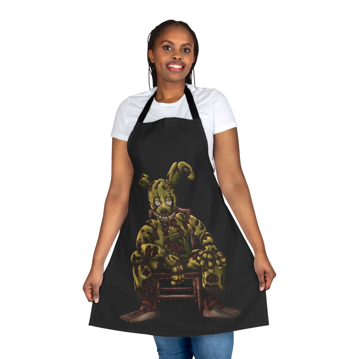 A horror-themed apron featuring the Springtrap animatronic character from the Five Nights at Freddy's video game series.