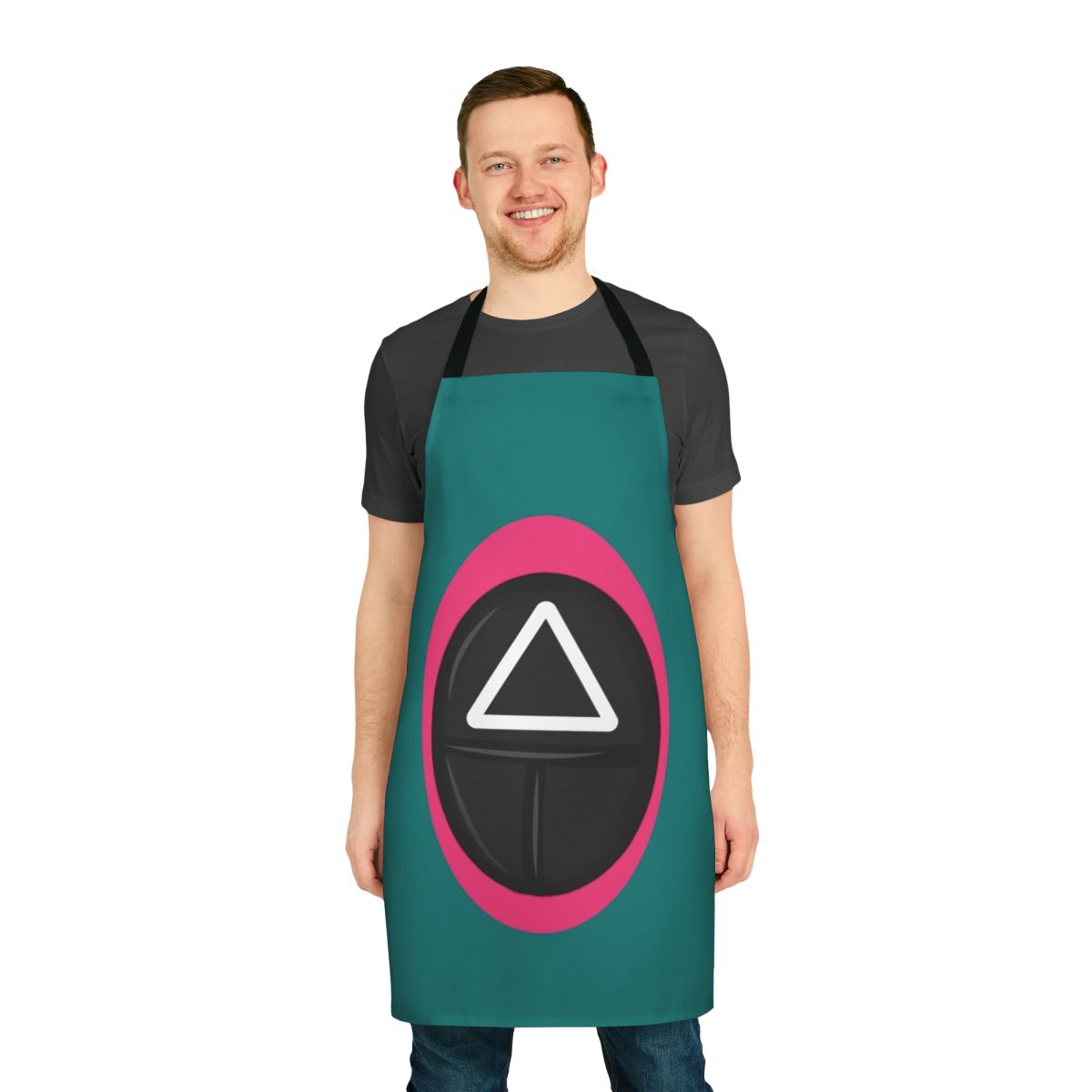 Squid Game Inspired Apron featuring iconic character designs and symbols from the popular Netflix series