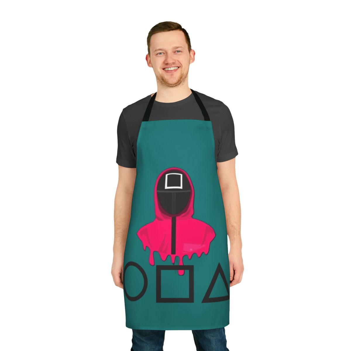 Squid Game inspired apron featuring the iconic pink soldiers
