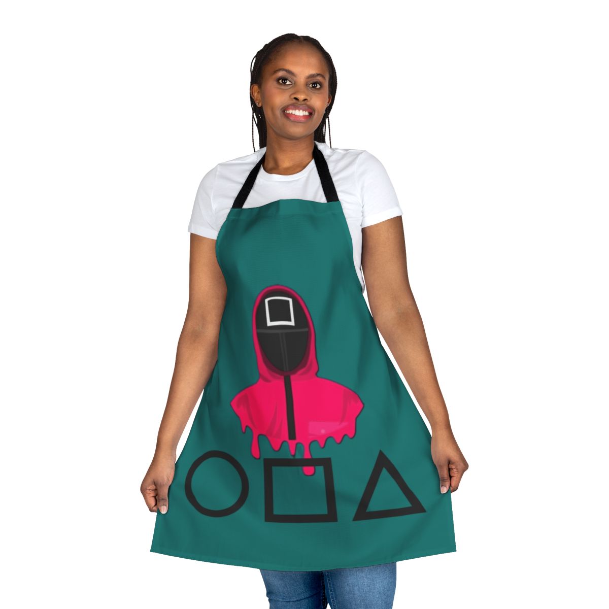 Squid Game inspired apron featuring the iconic pink soldiers