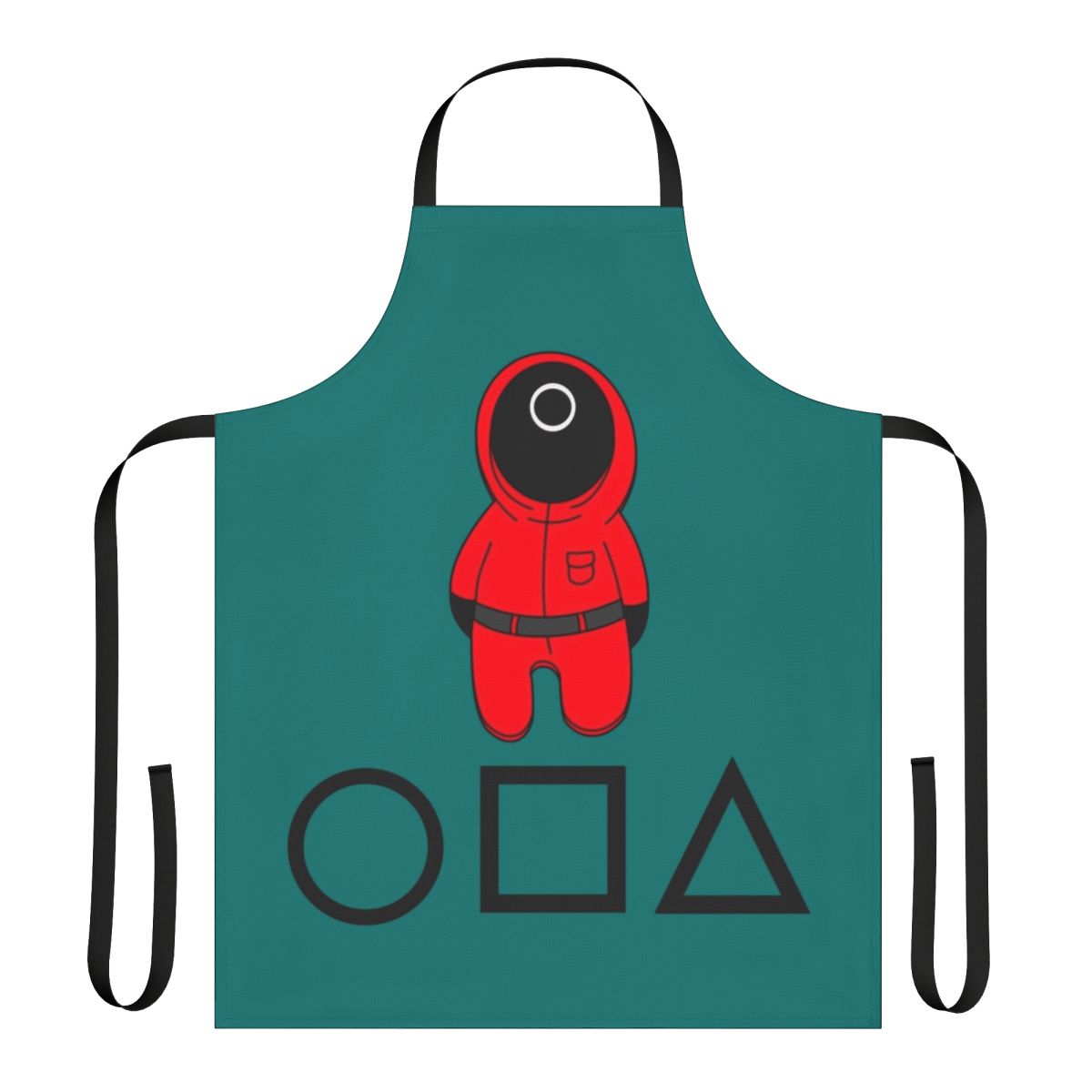 Squid Game inspired apron featuring iconic imagery and symbols from the popular Netflix series