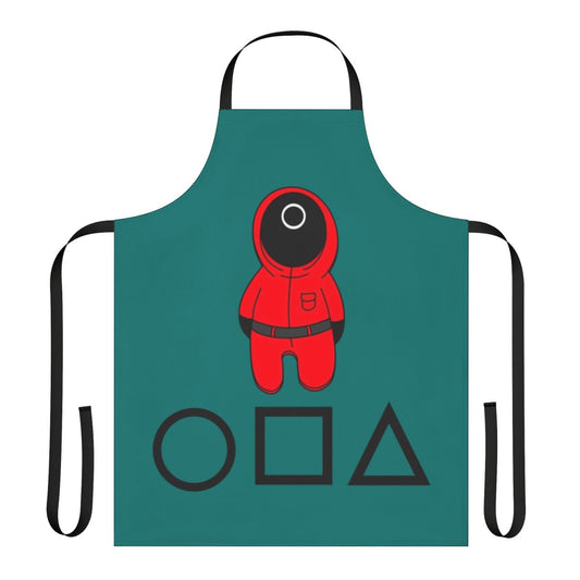 Squid Game inspired apron featuring iconic imagery and symbols from the popular Netflix series