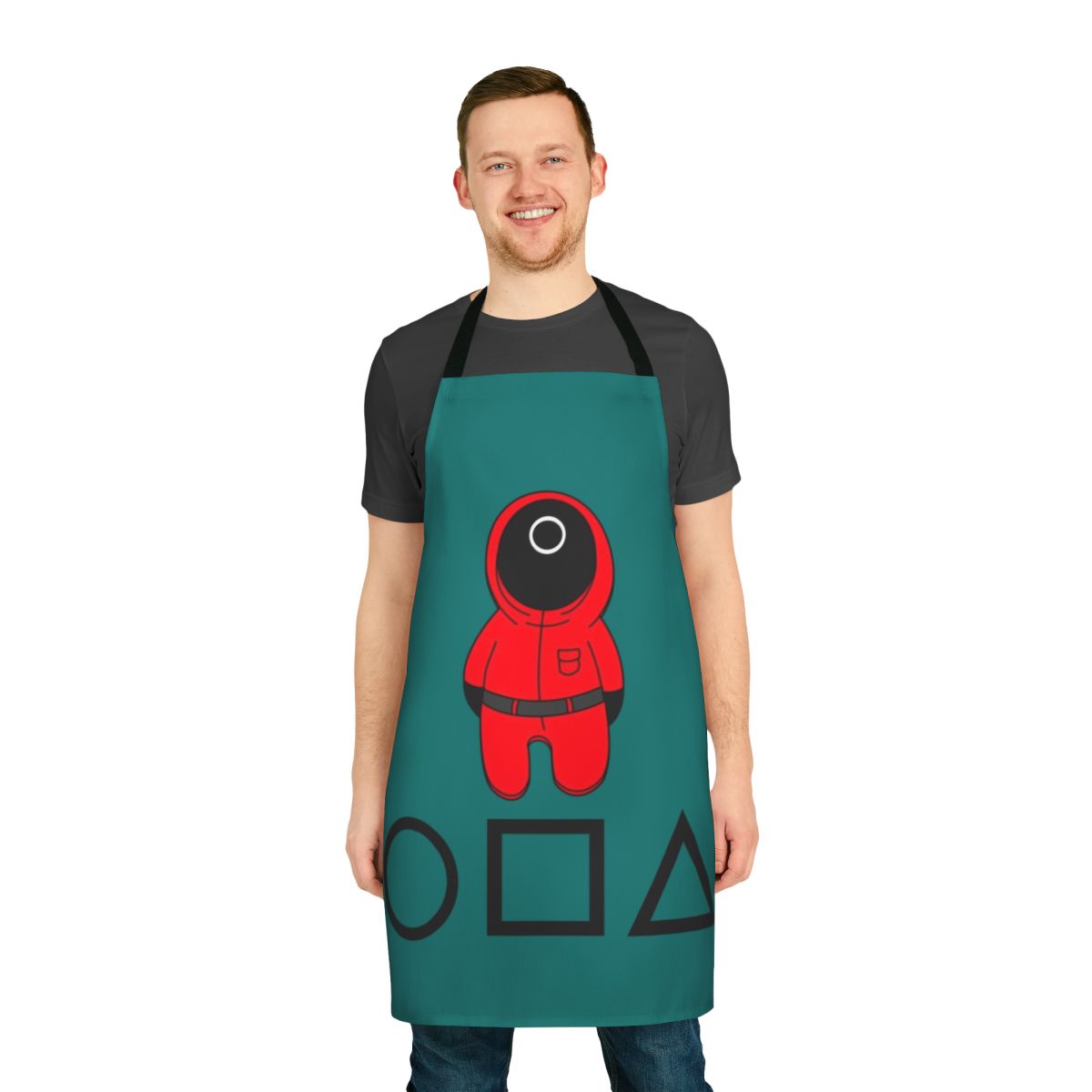 Squid Game inspired apron featuring iconic imagery and symbols from the popular Netflix series