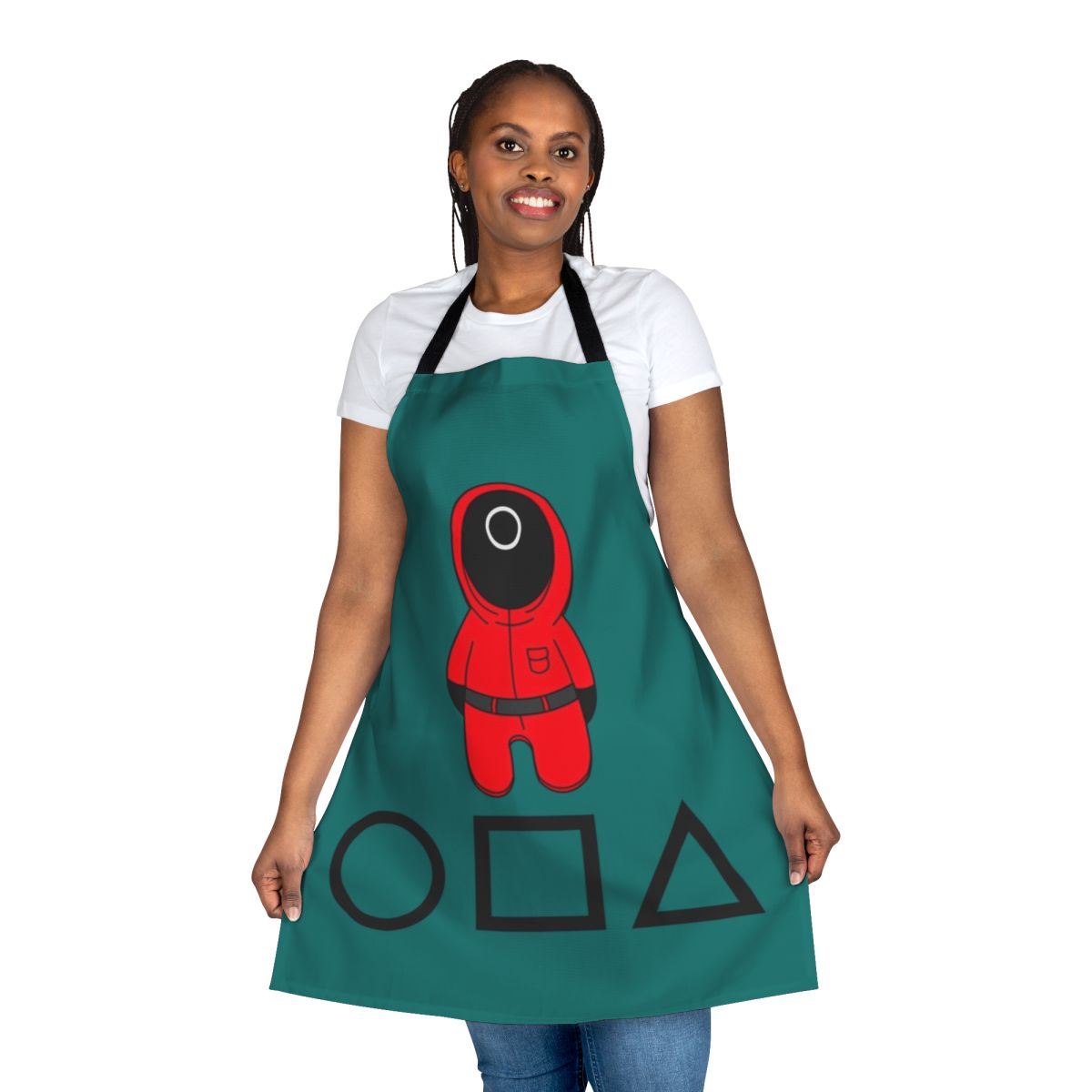 Squid Game inspired apron featuring iconic imagery and symbols from the popular Netflix series