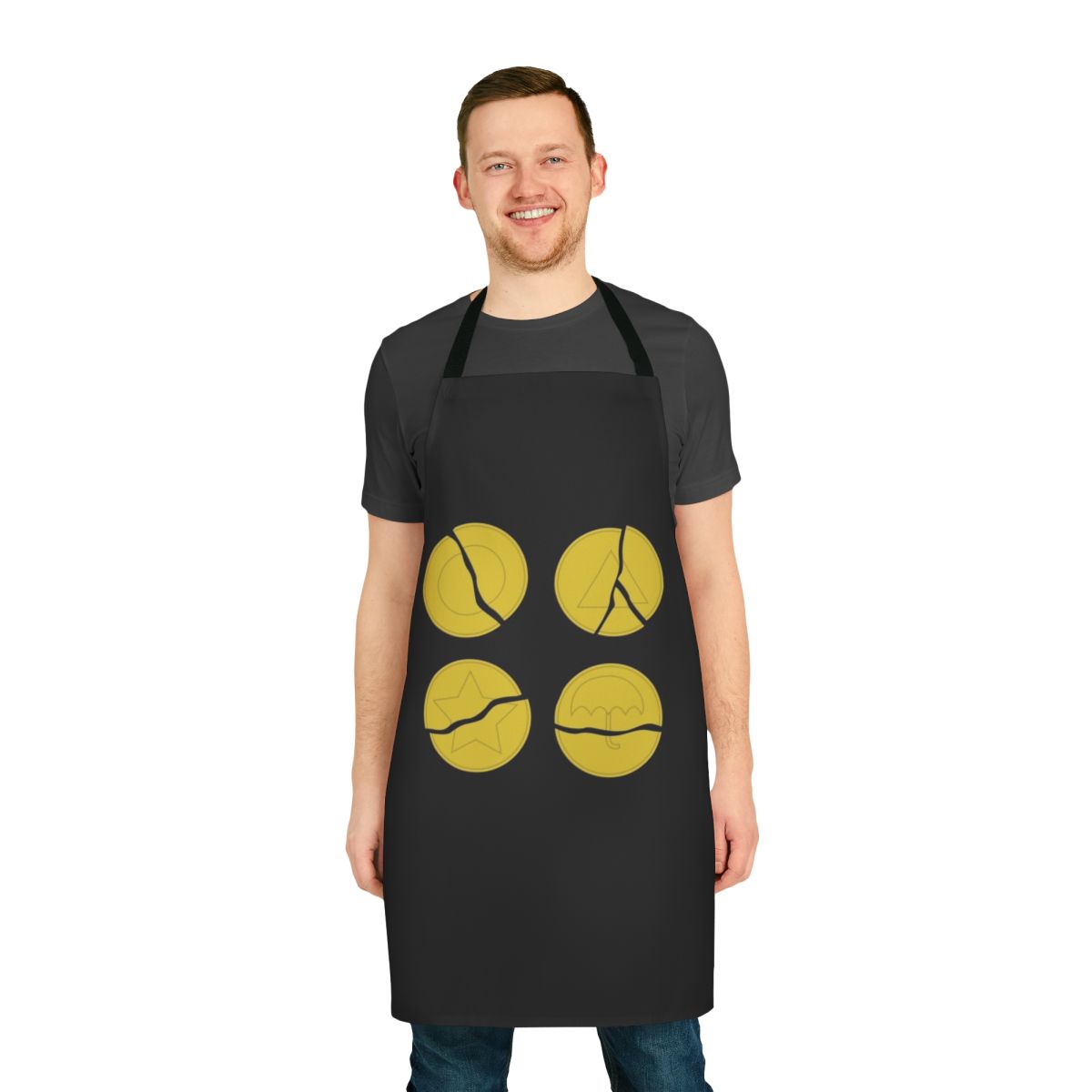 Squid Game-themed apron featuring a design inspired by the iconic broken dalgona cookie challenge from the hit Netflix series.