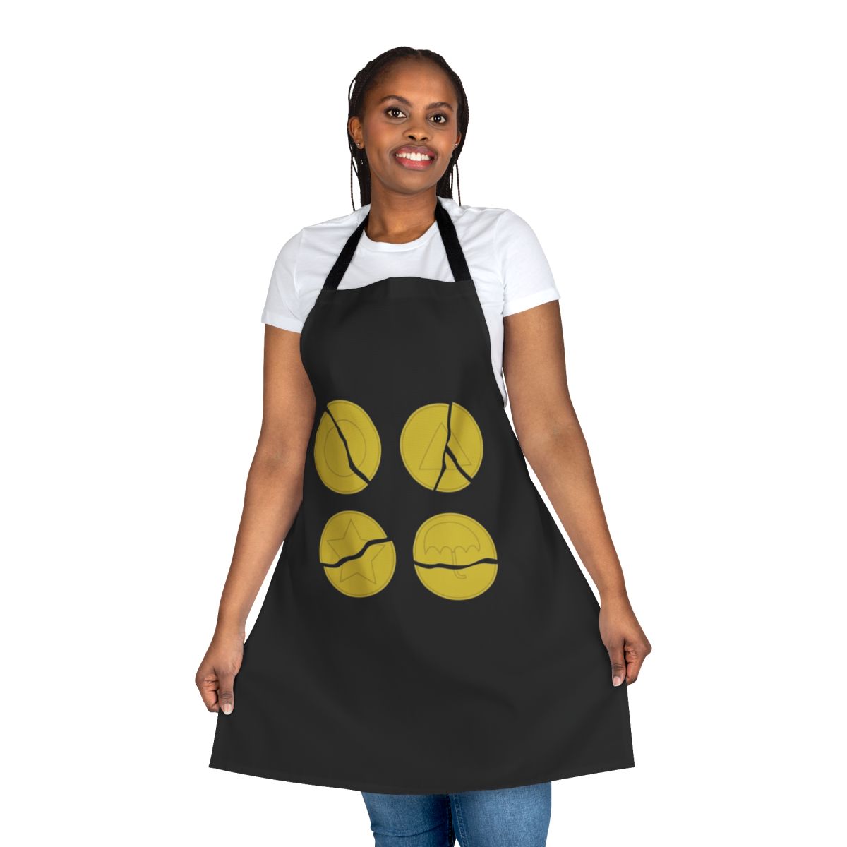 Squid Game-themed apron featuring a design inspired by the iconic broken dalgona cookie challenge from the hit Netflix series.