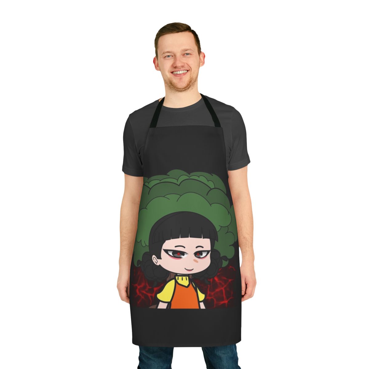 Apron featuring a doll design inspired by the popular Netflix series Squid Game