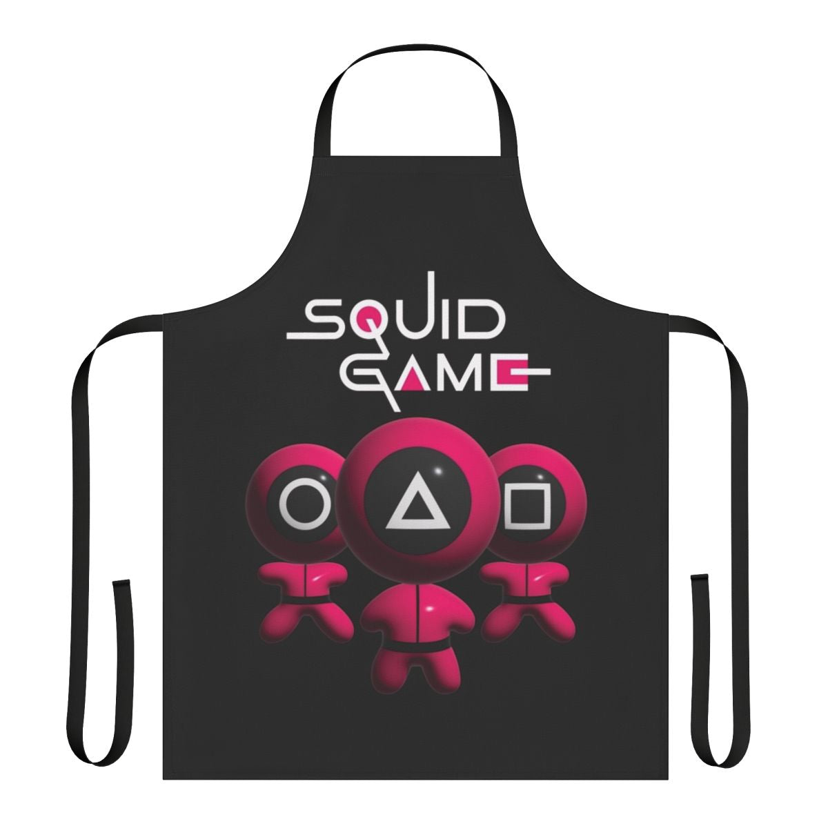 Squid Game inspired fan art apron with characters and symbols from the popular Netflix series