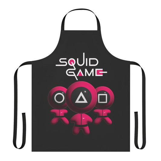 Squid Game inspired fan art apron with characters and symbols from the popular Netflix series