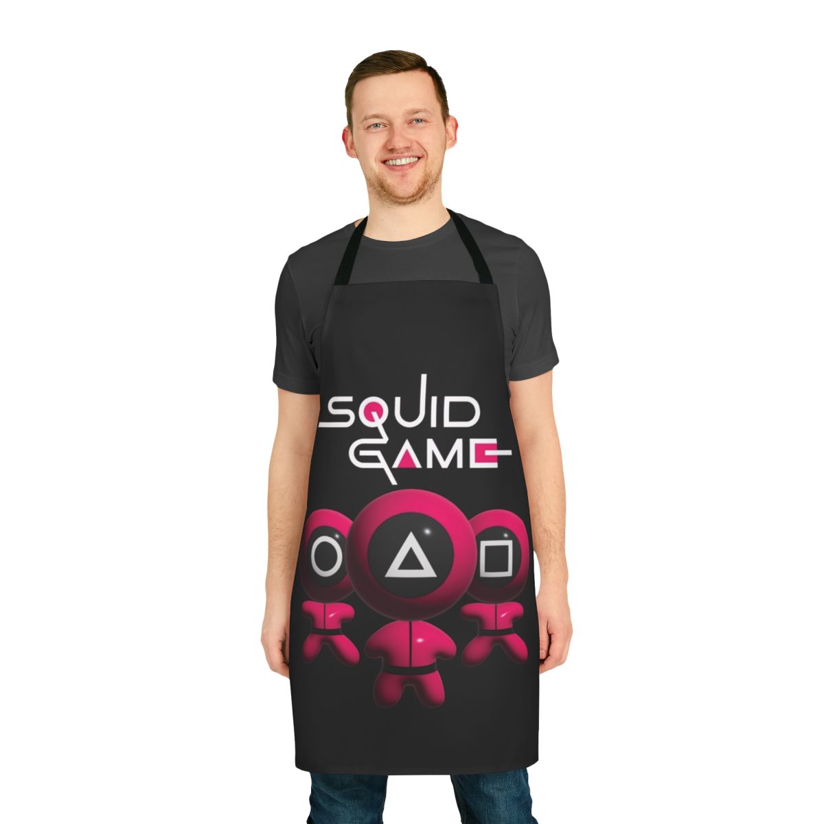Squid Game inspired fan art apron with characters and symbols from the popular Netflix series