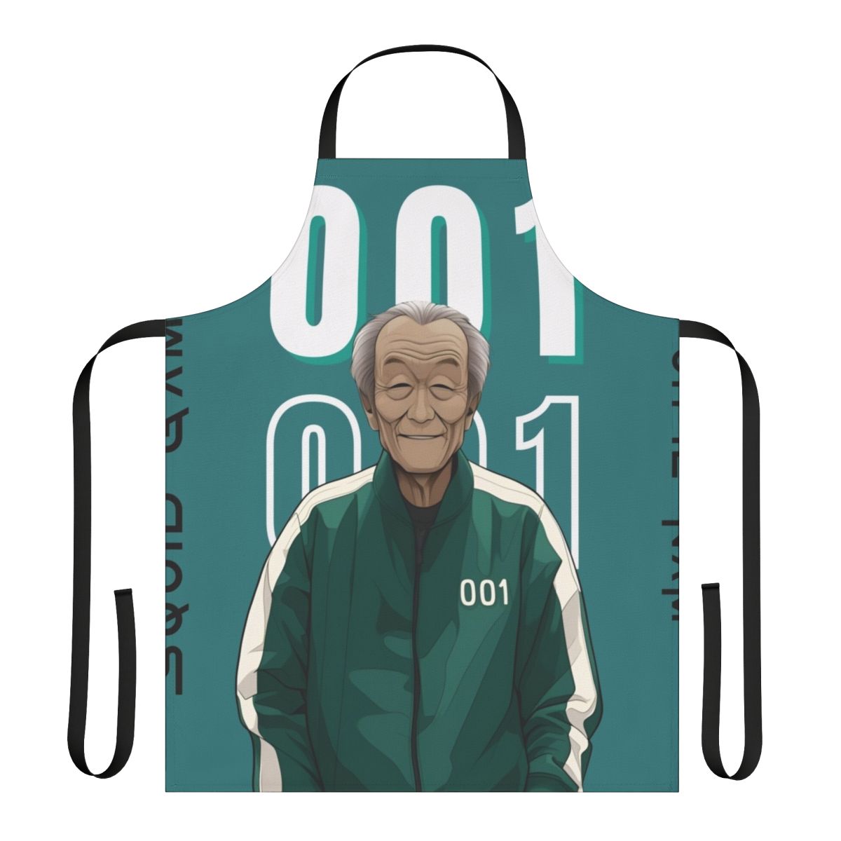 Squid Game inspired apron featuring the character Oh Il Nam, Player 001