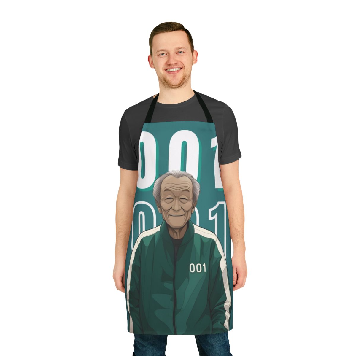 Squid Game inspired apron featuring the character Oh Il Nam, Player 001