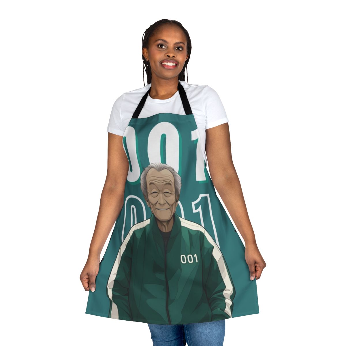 Squid Game inspired apron featuring the character Oh Il Nam, Player 001