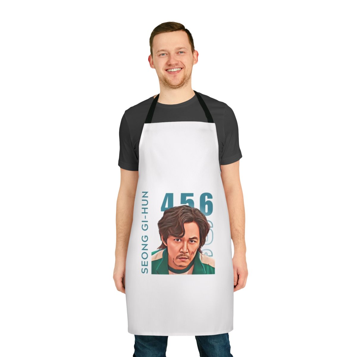 Squid Game inspired apron featuring the character Player 456, Gi Hun