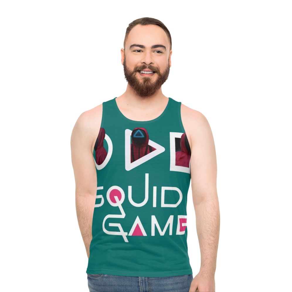 Squid Game inspired unisex tank top with pink soldier design