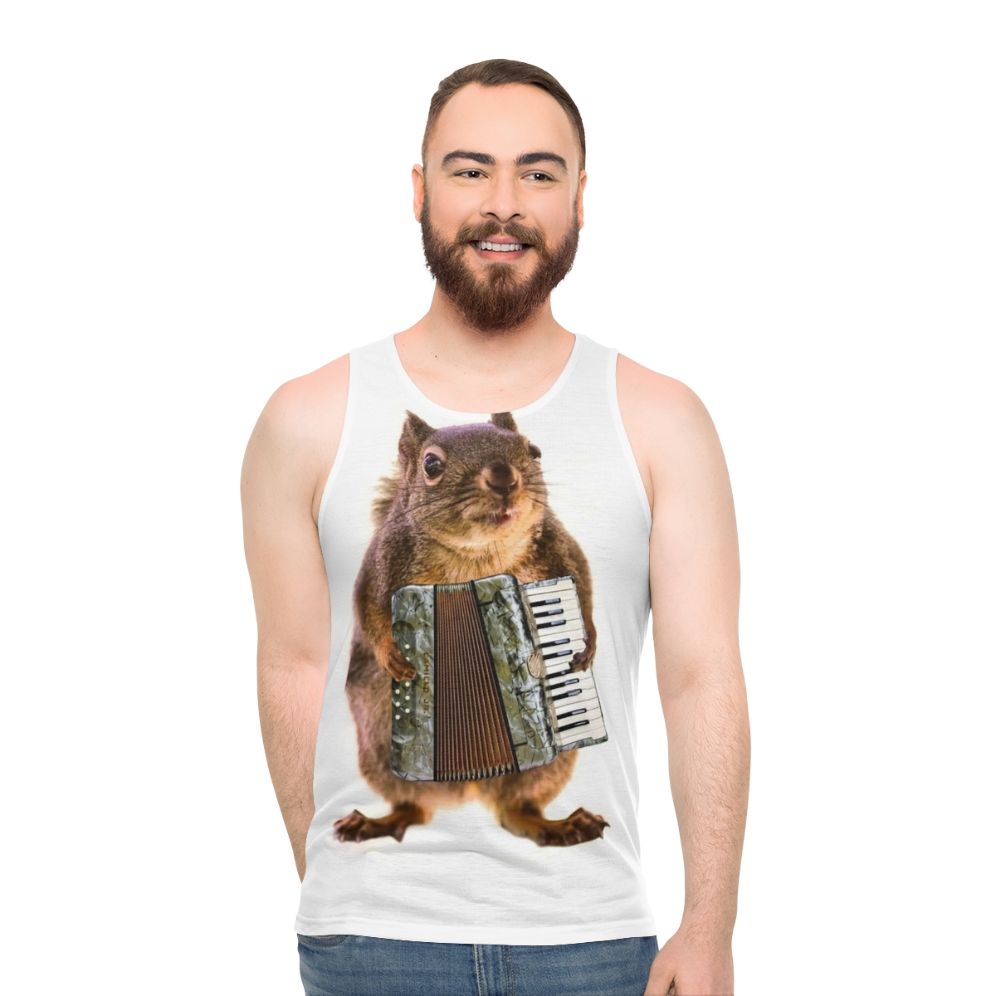 Squirrel playing an accordion on a unisex tank top