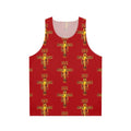 Unisex tank top featuring the San Damiano Crucifix and imagery of St Francis of Assisi