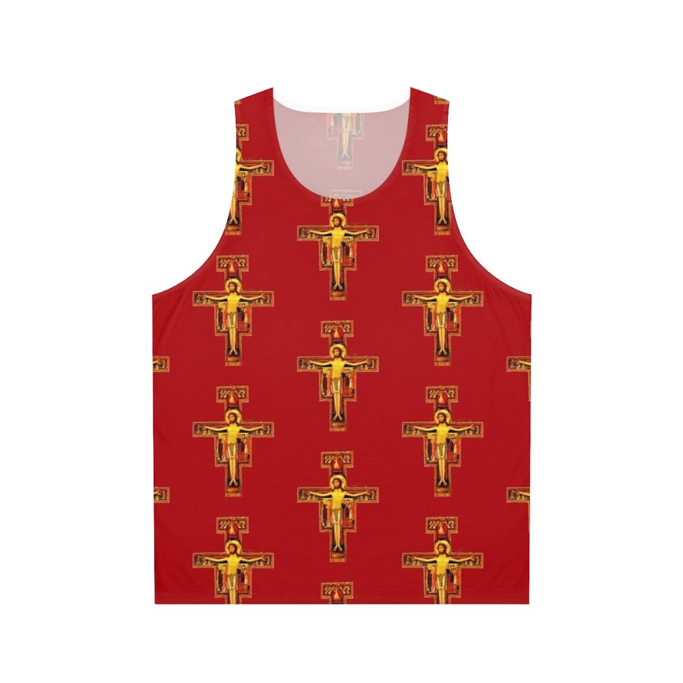 Unisex tank top featuring the San Damiano Crucifix and imagery of St Francis of Assisi