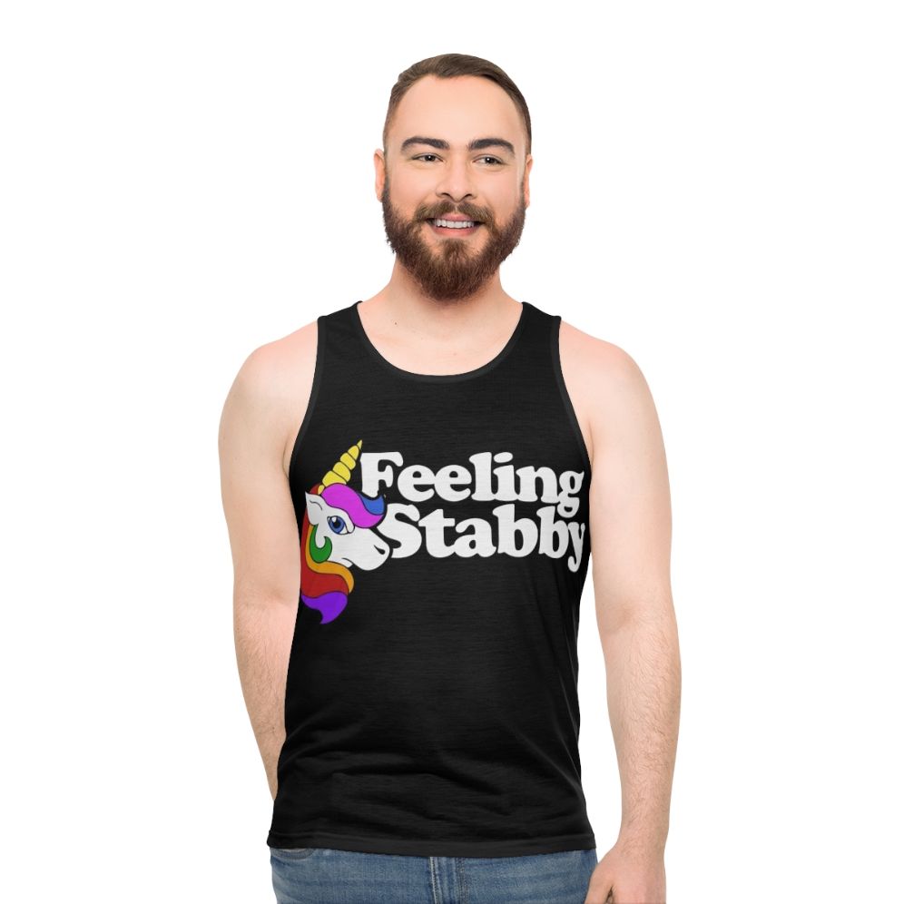 Stabby unicorn graphic on unisex tank top