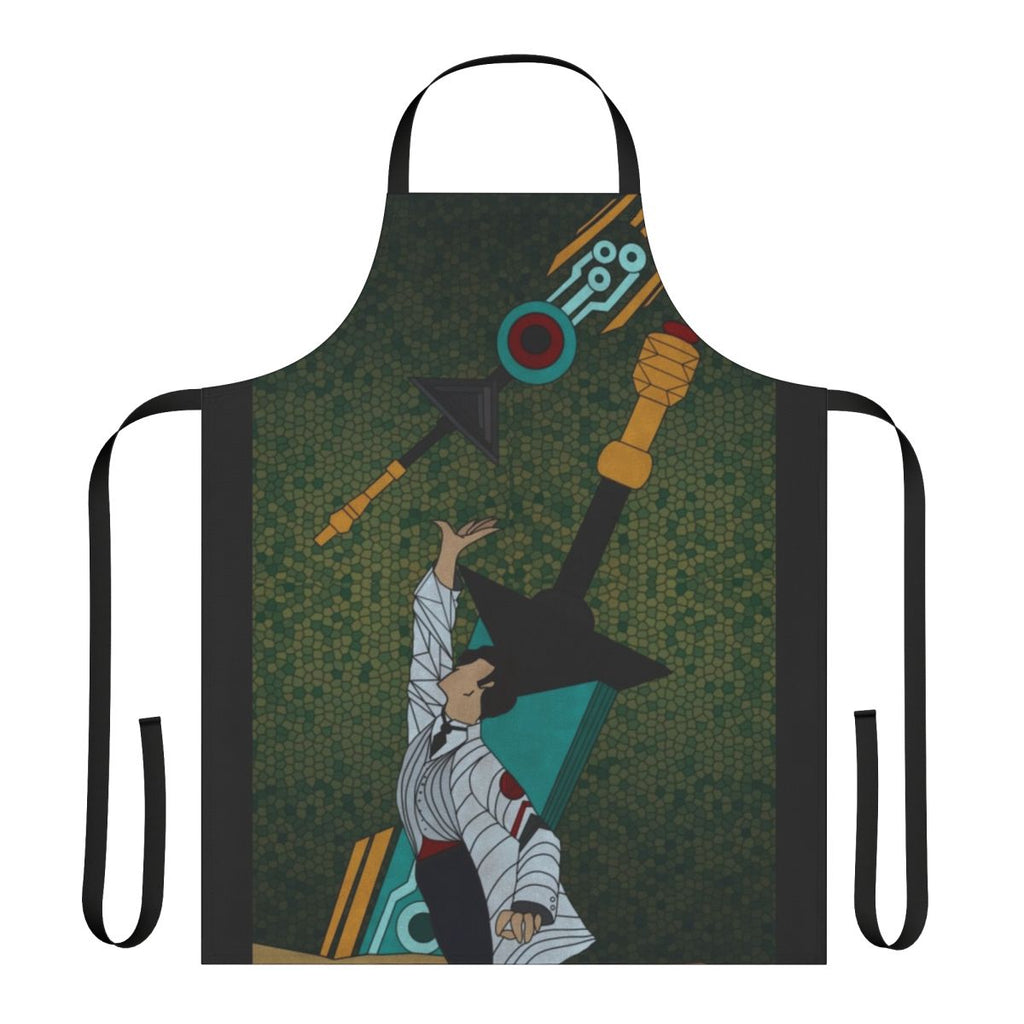 Stained glass inspired apron with bracket design, featuring Transistor game artwork