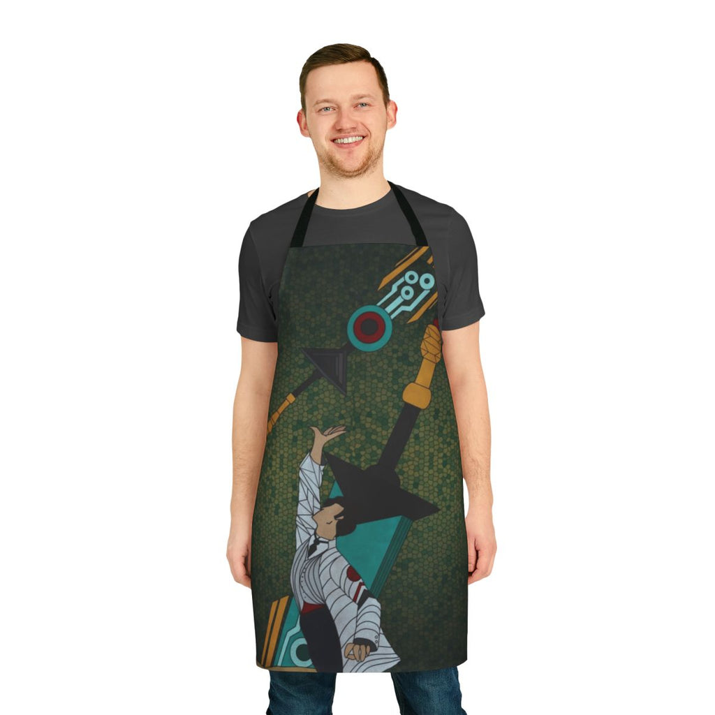 Stained glass inspired apron with bracket design, featuring Transistor game artwork