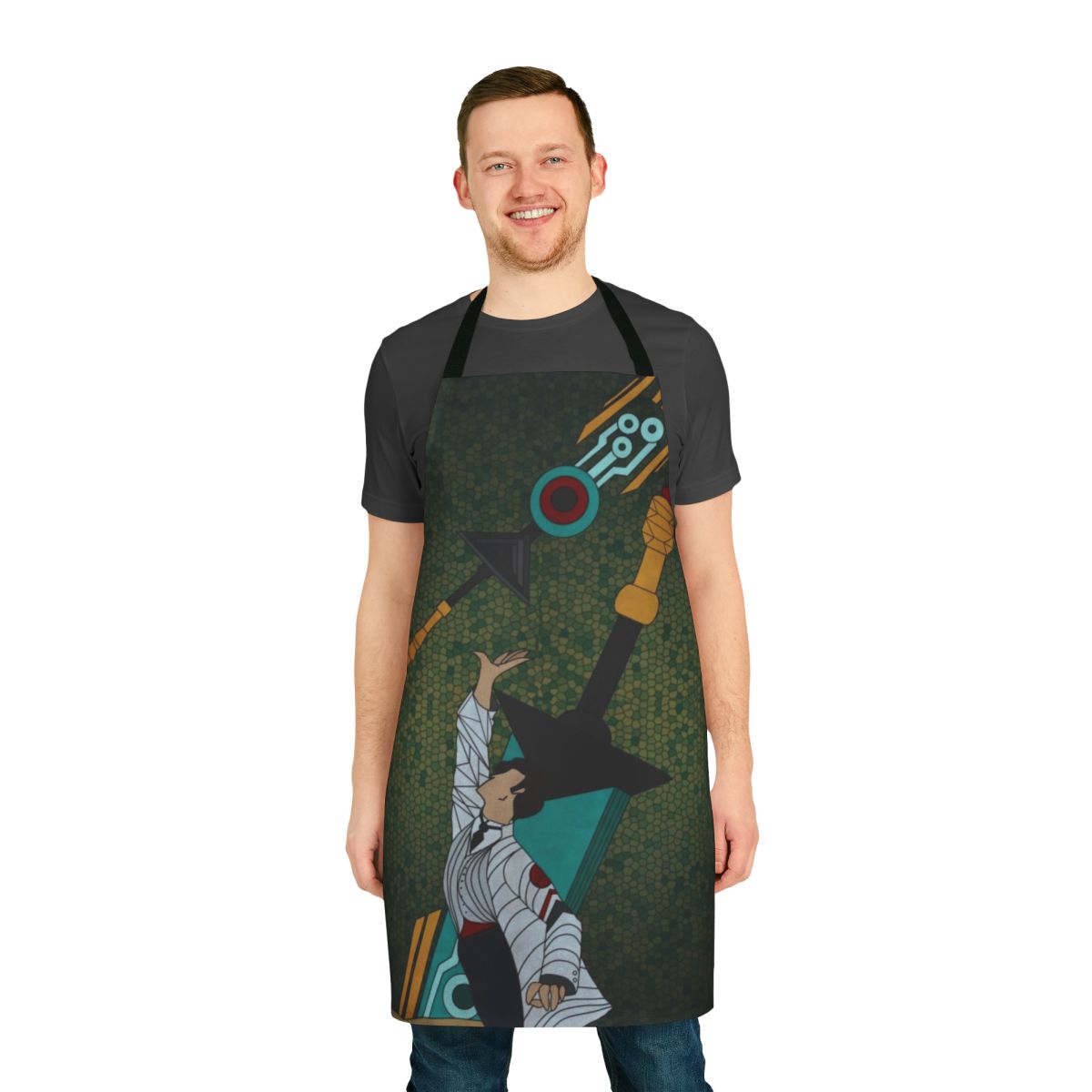 Stained glass inspired apron with bracket design, featuring Transistor game artwork