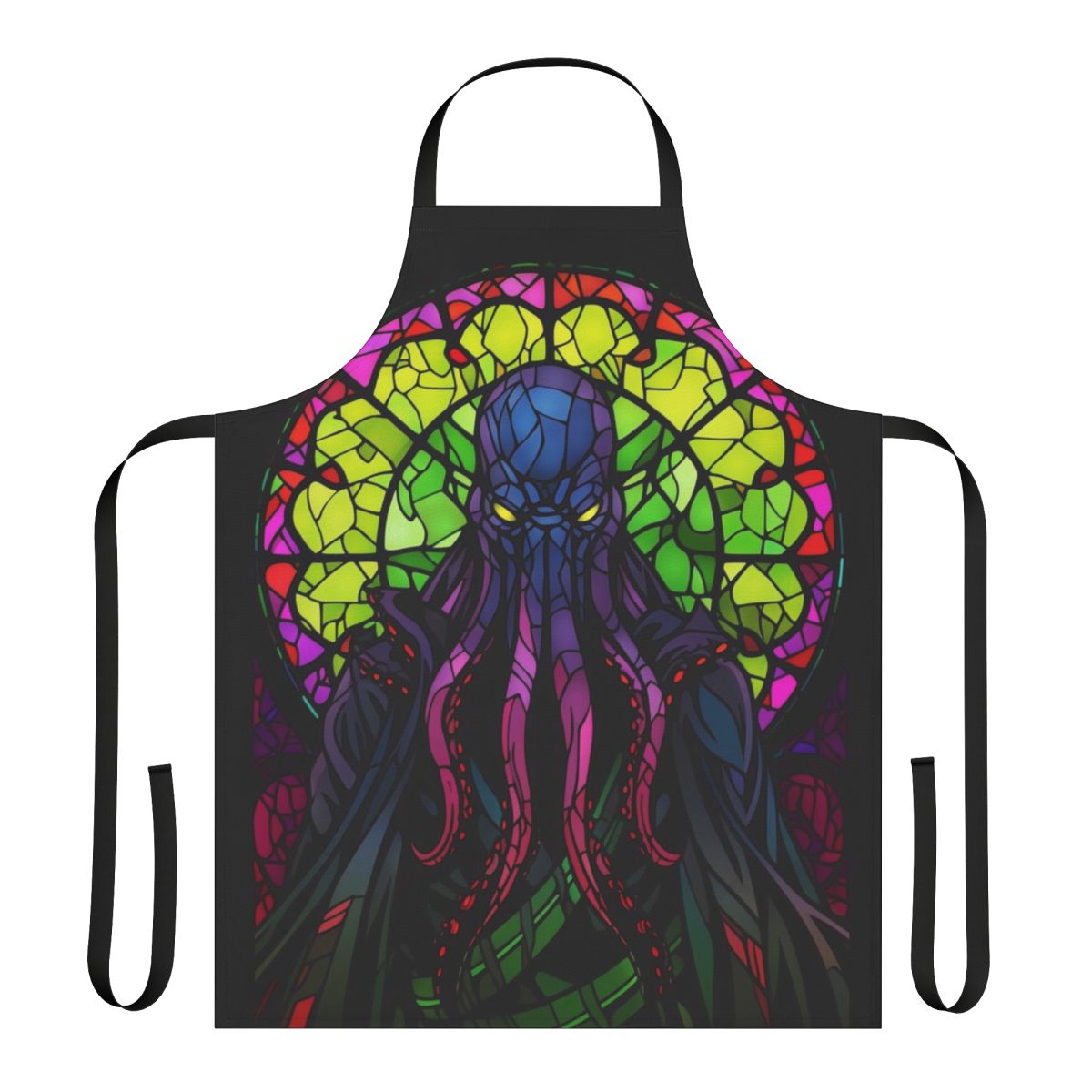 Stained glass fantasy apron featuring a Lovecraftian-inspired creature design