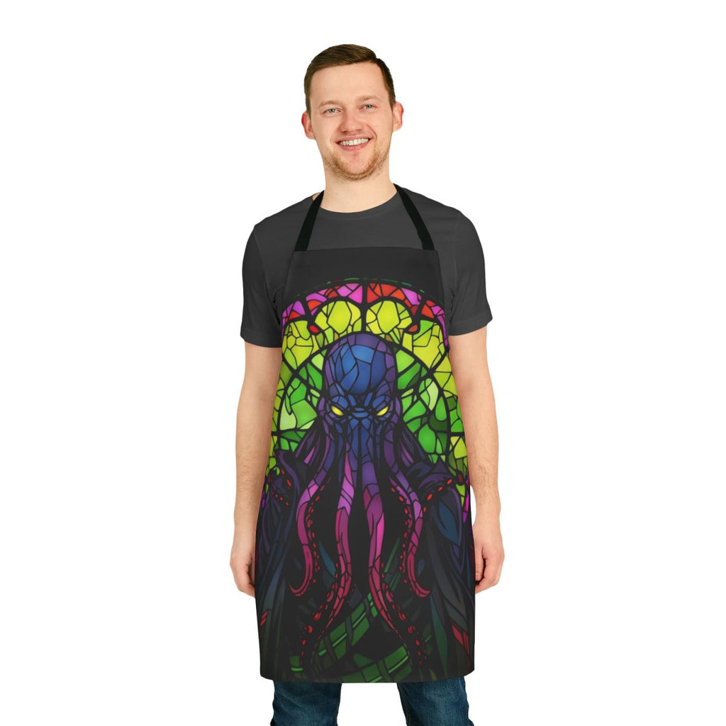 Stained glass fantasy apron featuring a Lovecraftian-inspired creature design