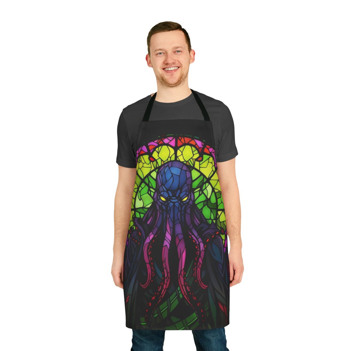 Stained glass fantasy apron featuring a Lovecraftian-inspired creature design