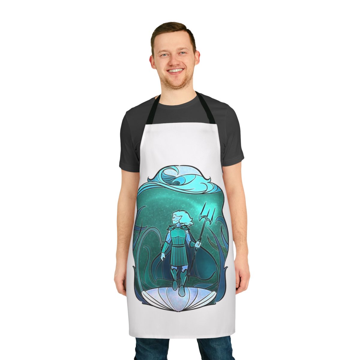 Stained glass-inspired apron featuring a design of the Greek god Poseidon