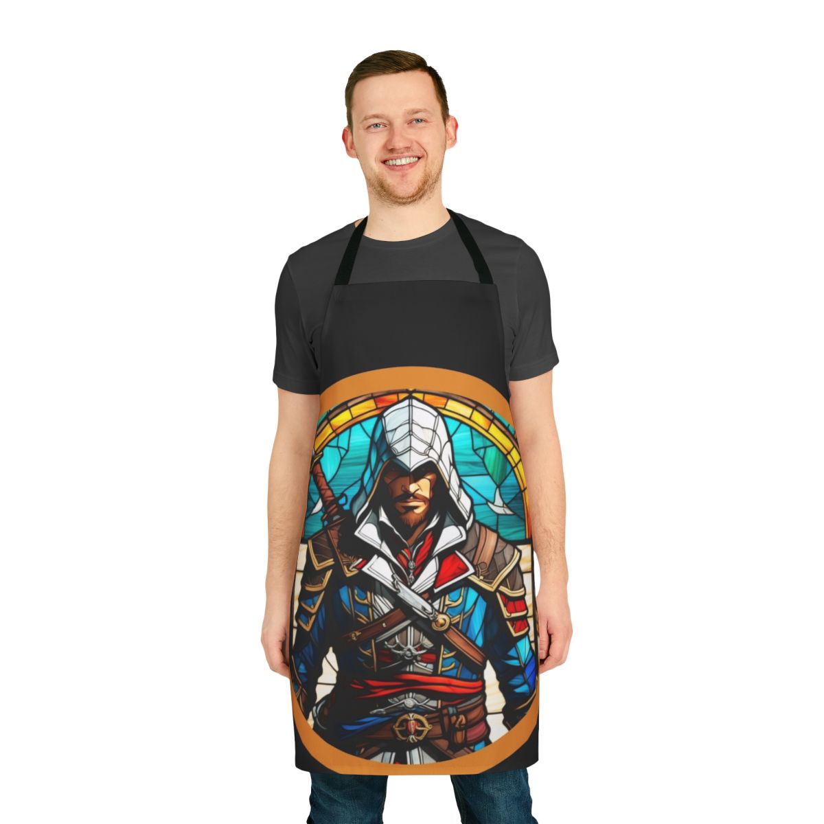 Stained glass-patterned apron featuring the character Edward Kenway from the Assassin's Creed video game series.