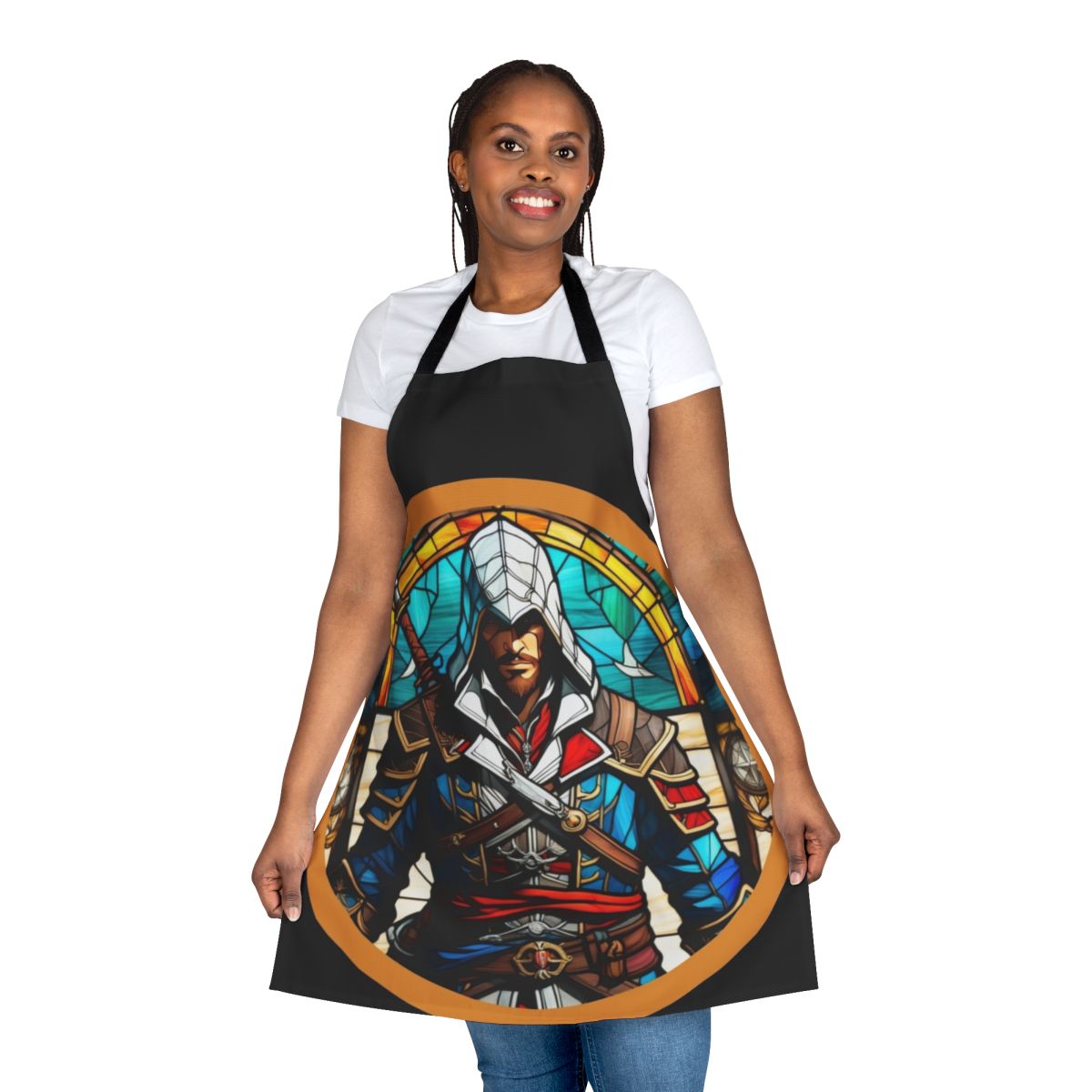 Stained glass-patterned apron featuring the character Edward Kenway from the Assassin's Creed video game series.