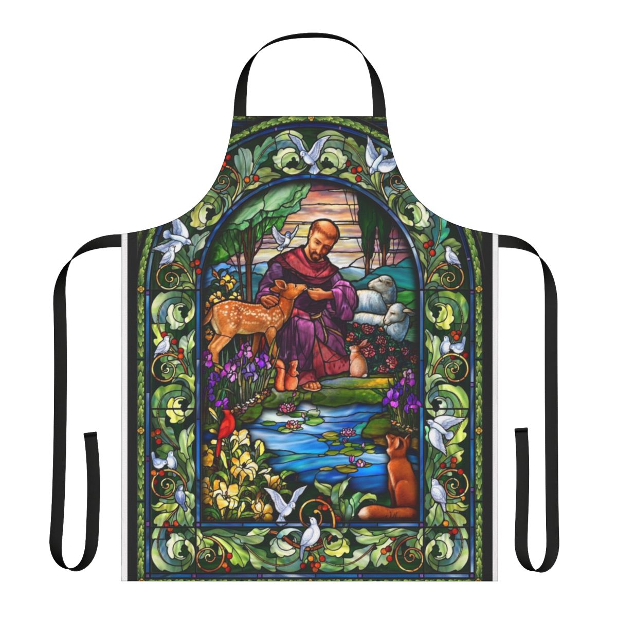Stained glass inspired St Francis apron with decorative border featuring animals, birds, and nature motifs